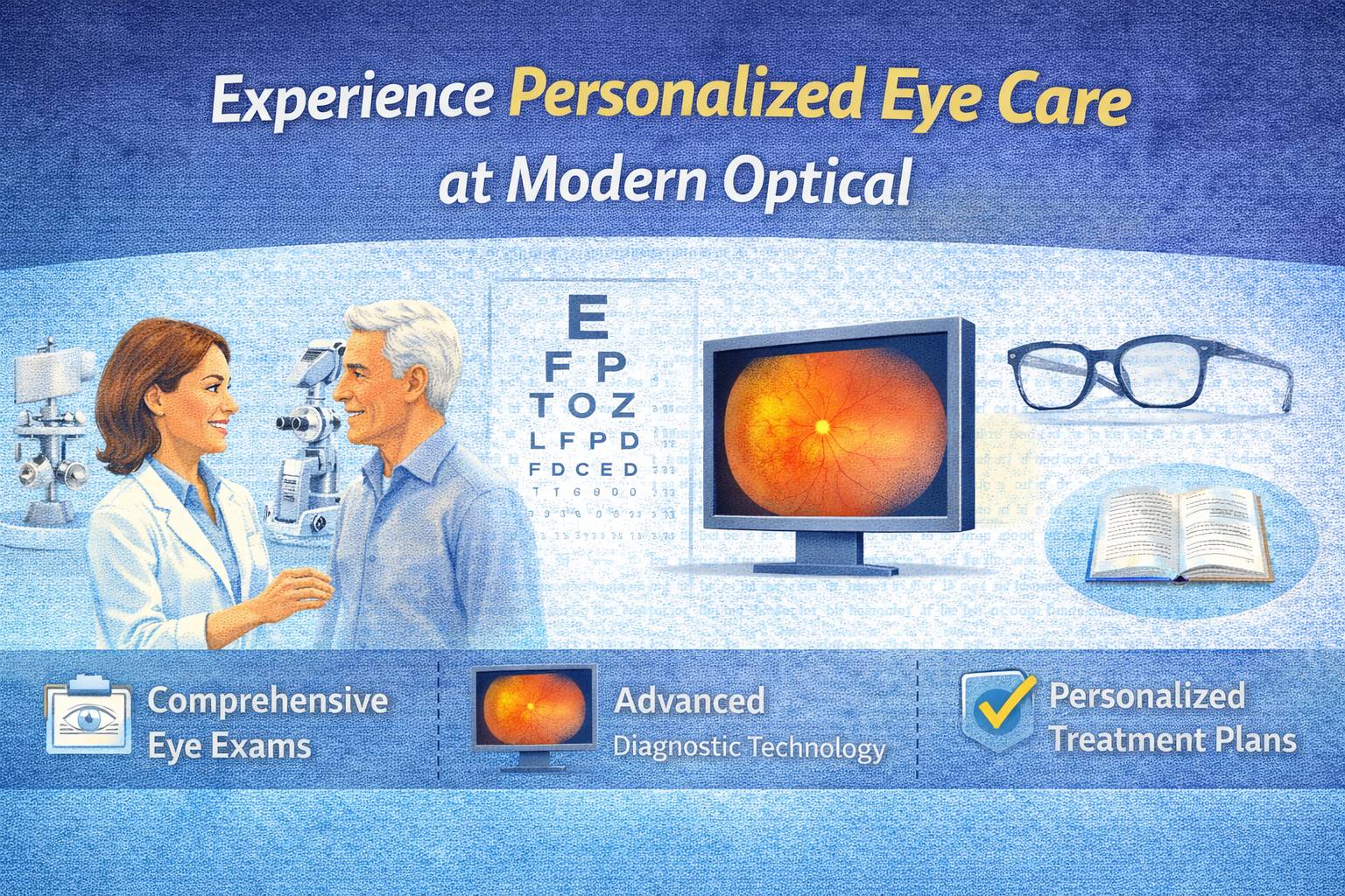 One size does not fit all when it comes to caring for your eyes. Your eyes are different from everyone else's, and so are your lifestyle and vision needs. That's why it's so important to get personalized eye care, and that's exactly what you get at Modern Optical. If you're sick of quick appointments and prescriptions that don't fit your needs, it might be time to try eye care that is made just for you. It's not just an eye exam; it's a whole experience. Let's get started with the basics. Many people believe that eye exams are only about reading letters from a chart. But at Modern Optical, it goes much further than that. Their thorough eye exams are meant to give you a full picture of how healthy your eyes are. Everything is done with care, from checking how clear your vision is to looking for underlying health problems. The goal isn't just to change your prescription; it's also to learn more about your eyes. Care That Really Hears You Have you ever felt like your doctor is in a hurry and you don't have enough time to explain your worries? That's exactly what personalized care doesn't do. You are the most important thing at Modern Optical. If you have headaches, blurry vision, dry eyes, or just need a regular checkup, they will take your worries seriously. The team takes the time to listen, ask the right questions, and suggest solutions that work with how you live. Let's be honest: someone who works on screens all day has very different needs than someone who is always on the go. Solutions That Fit Your Way of Life Everyone doesn't need the same kind of vision correction. Some people like glasses better than contacts, while others swear by contacts. Some people might even think about more advanced options. That's where personalized care really shines. You don't get a one-size-fits-all plan; instead, you get suggestions based on what works best for you. Everything is chosen with your comfort in mind, from lightweight glasses for everyday use to comfortable contact lenses for an active lifestyle. Better accuracy with advanced technology Modern Optical is different from others because they use new technology. It's a good thing that eye care isn't what it used to be. They can find even the smallest changes in your vision or early signs of eye problems with the help of advanced diagnostic tools. This means that your prescriptions will be more accurate and your eyes will be healthier in the long run. It's like going from guessing to being exact, and your eyes deserve nothing less. Care for More Than Just Your Eyes Taking care of your eyes means more than just being able to see clearly. Modern Optical takes a proactive approach by treating dry eye problems and keeping an eye on conditions like glaucoma and diabetic eye problems. They don't just fix things; they also help keep them from happening. If you spend a lot of time on screens or have a family history of eye problems, this kind of ongoing care is very important. Eye care for everyone in the family One of the best things about personalized eye care is that it works for people of all ages, from kids to seniors. Modern Optical can help people of all ages, whether it's your child's first eye exam or your own regular checkups. And because your family's vision needs change as they get older, it's so much easier to have a place you can trust for everyone. Why It All Matters? Clear vision affects everything you do, from how you work and study to how you relax and have fun. When you get personalized eye care, you don't just get better vision; you also get comfort, confidence, and peace of mind. Key points If you've been treating eye care like just another thing to do, it's time to change how you think about it. Your eyes need care, attention, and solutions that work for you. At Modern Optical, you're not just another appointment; you're a top priority. You'll wonder why you didn't switch sooner once you get personalized eye care.